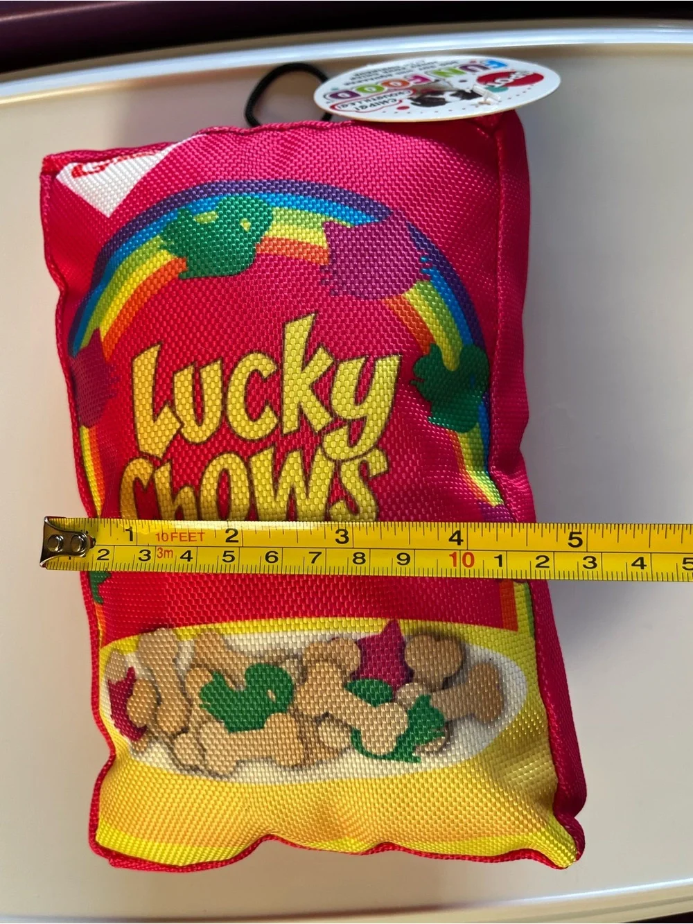 “Lucky Chows” Cereal (play on Lucky Charms) Plush Dog Toy w Squeaker